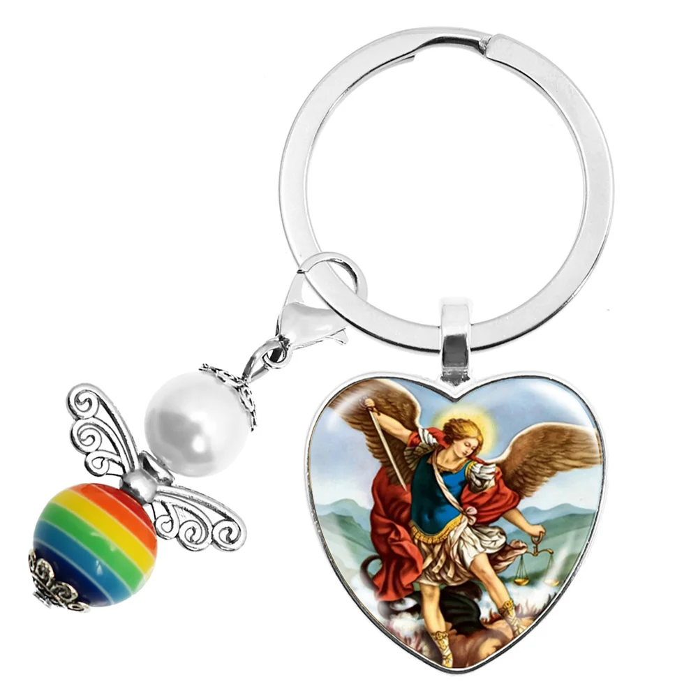 Popular Peach Heart Keychain Archangel St.Michael Protect Me Saint Shield Protection Charm Russian Keyrings Jewelry For Holy