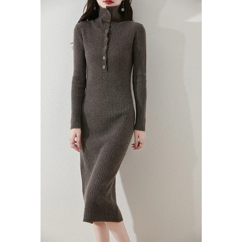 Autumn Winter Women 100% Merino Wool Sweater Slim Dress Long Style Turtleneck Buttons Pullover Soft Wool Skirts Office Lady Knit