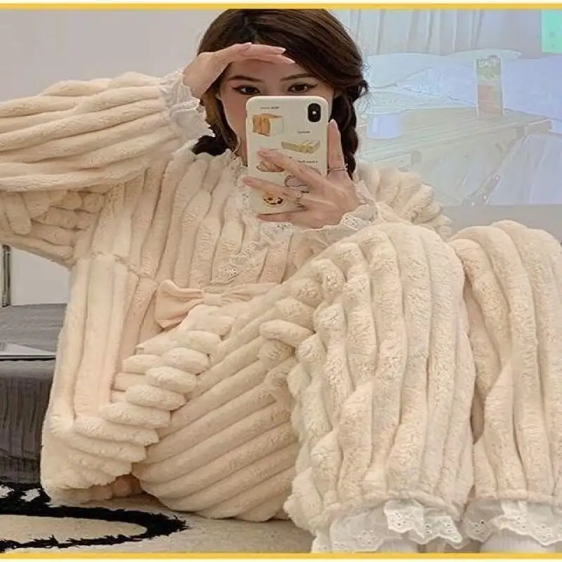 Luxuoso conjunto de pijama sexy simples renda feminina casa terno moda homewear coral velo pijamas inverno doce quente conjuntos completos