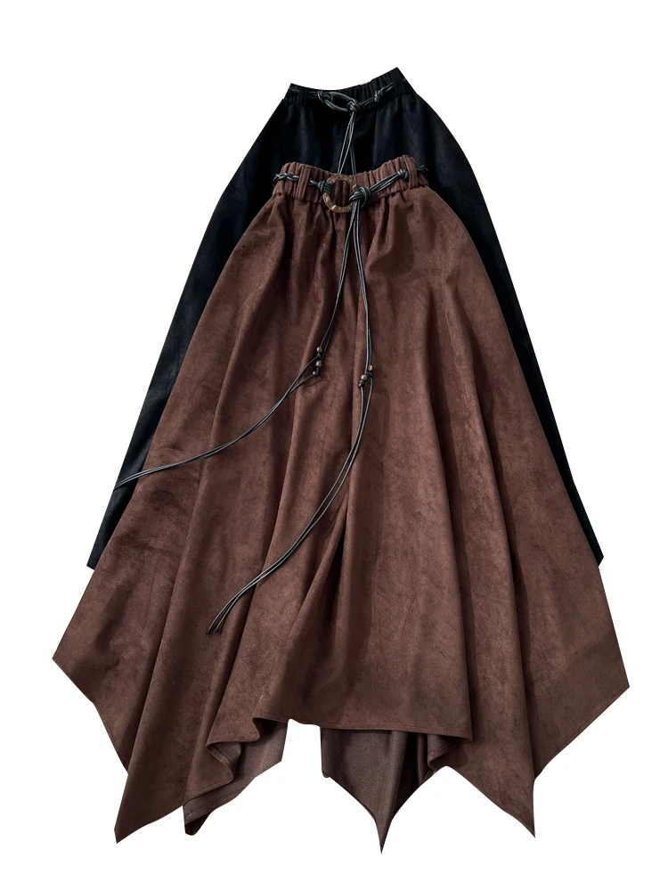 تنورة نسائية بنية متوسطة الطول من جلد الغزال Harajuku Y2k Gyaru تنانير غير متماثلة تنورة جمالية عتيقة على شكل حرف a ملابس 2000s لخريف 2025