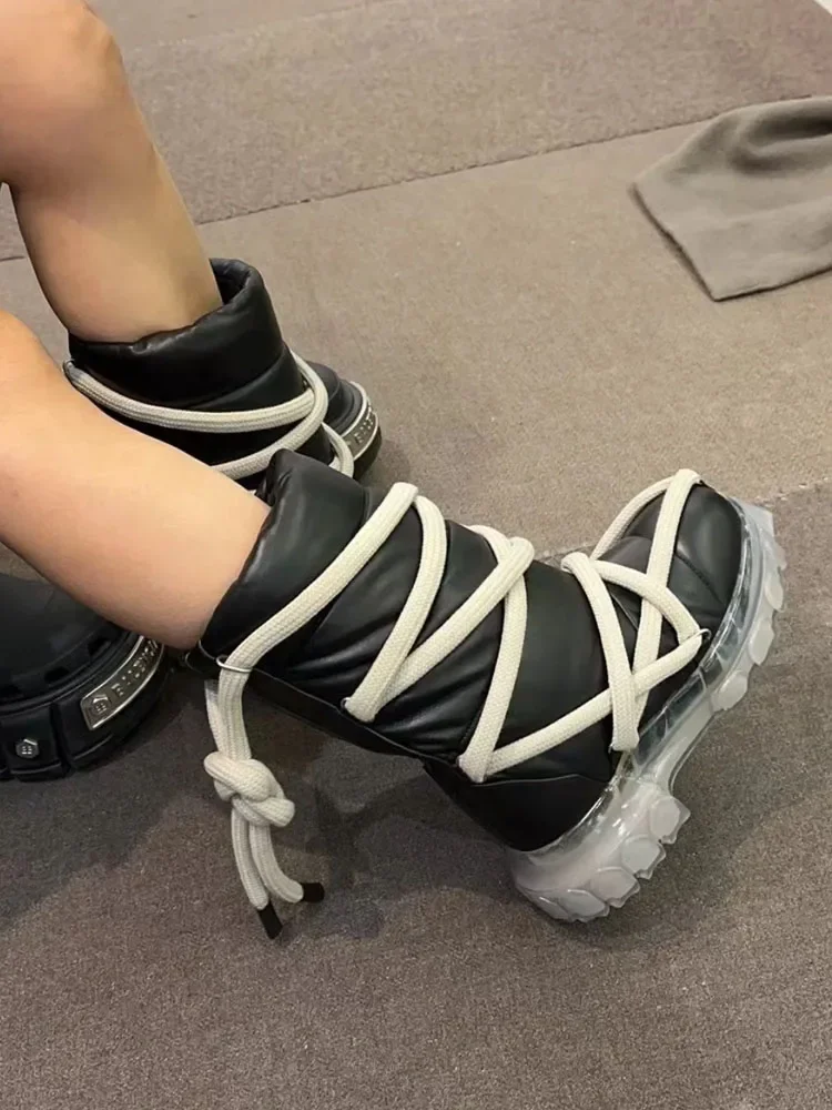 2025 New Winter Thick Sole Mid Boots Wrapping Strap Black Genuine Leather Knee High Boots Fashion Round Toe Lace-Up Women Boots