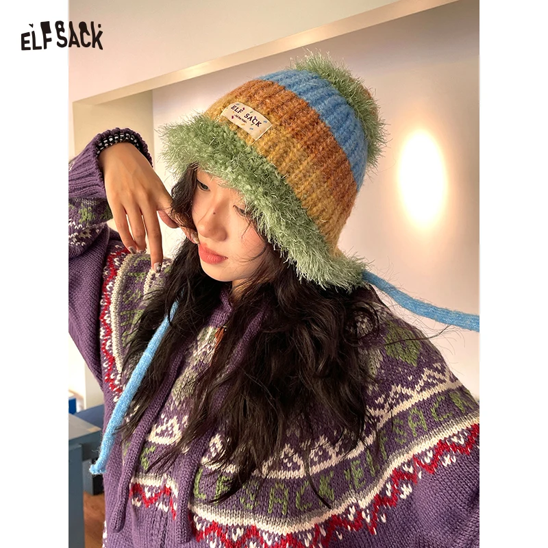 

ELFSACK 2025 Winter New Arrivals Casual Cute Color Block Panel Knitted Bucket Hat For Woman