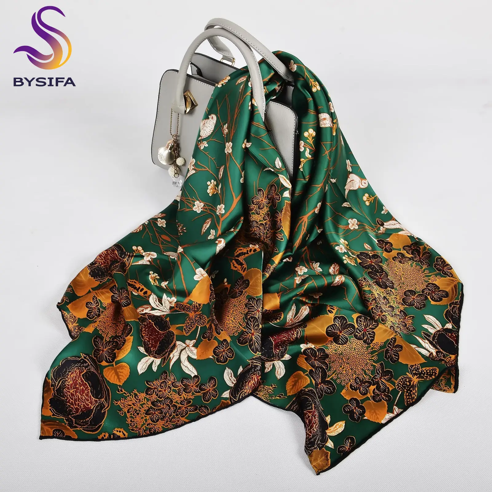 

BYSIFA| Green Large 100% Silk Scarf Shawl Printed New Fall Winter Floral Bird Design Women Square Satin Scarves Wrap 110*110cm