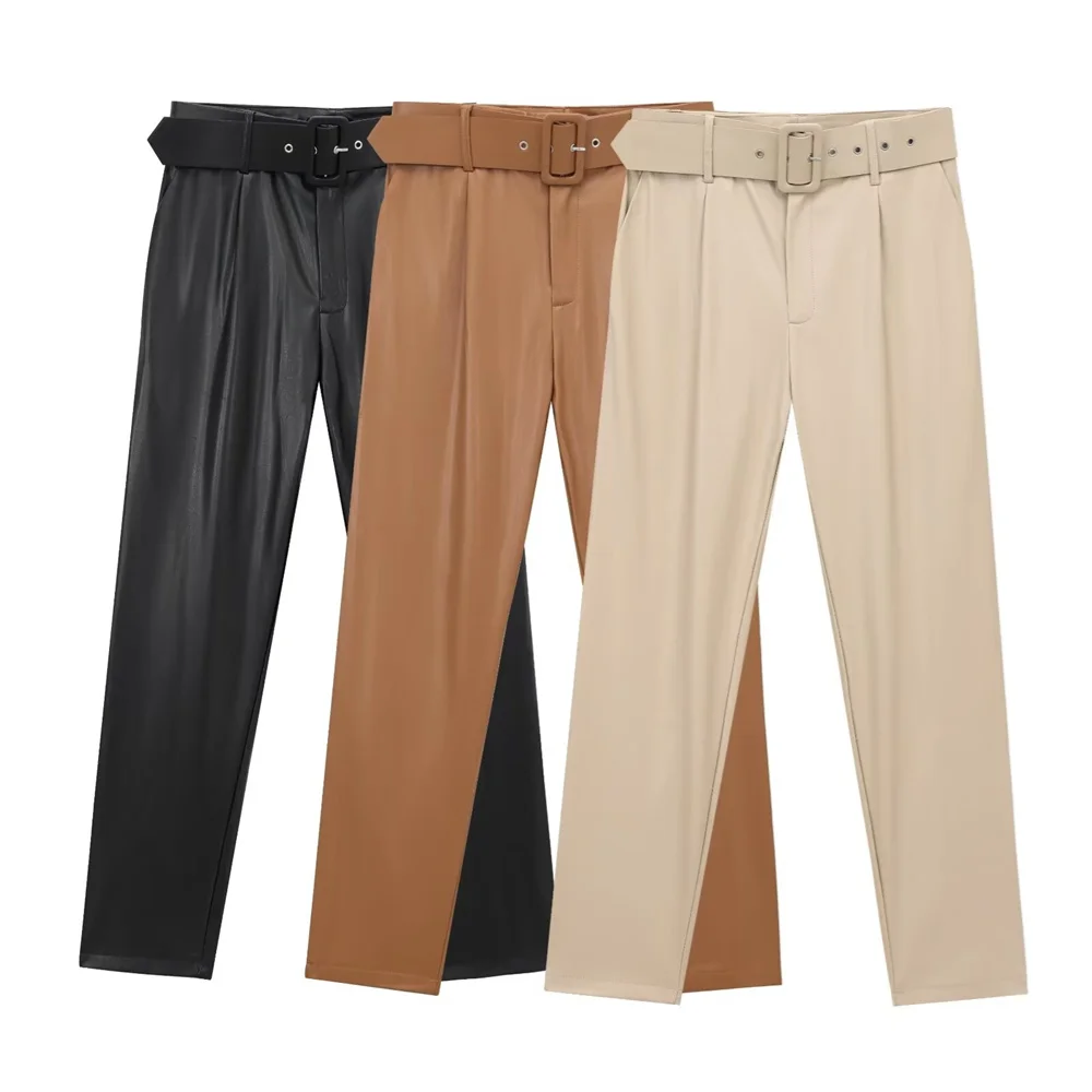 

UNIZERA women's leather pants with high waist and waist belt straight leg pants for spring and summer casual women's wear