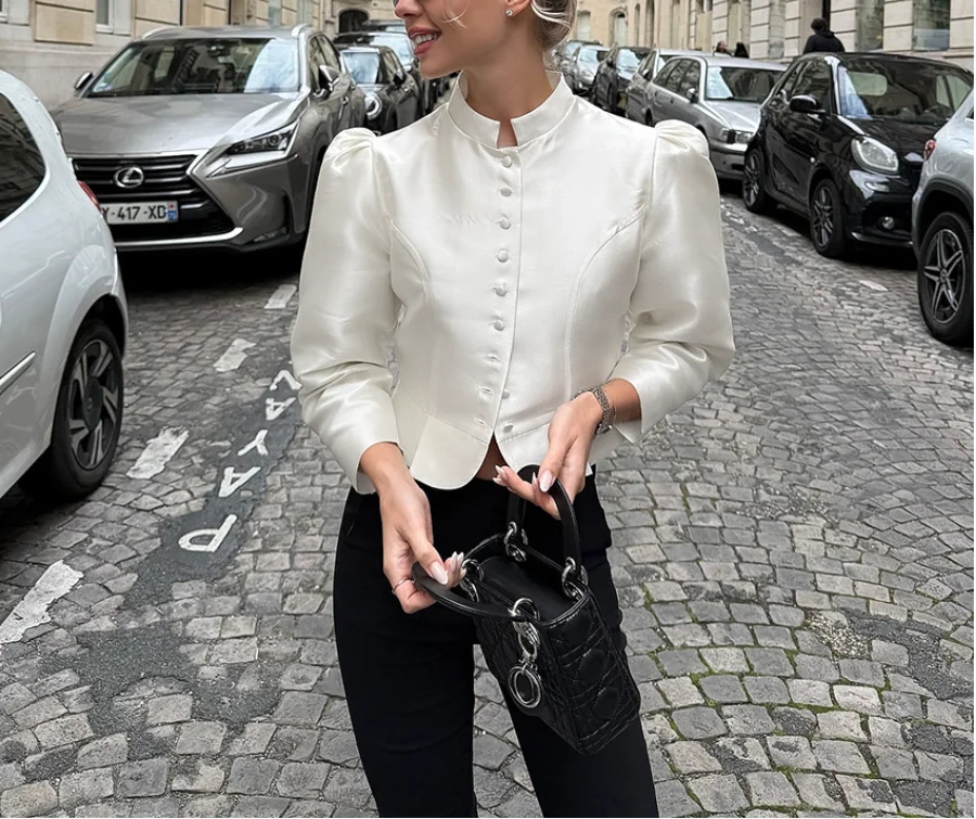 

Silk Satin Women's Shirt 2026 New Retro Court Style Stand Up Collar with Bubble Sleeves Design Short Shirt Suitable for Banquets