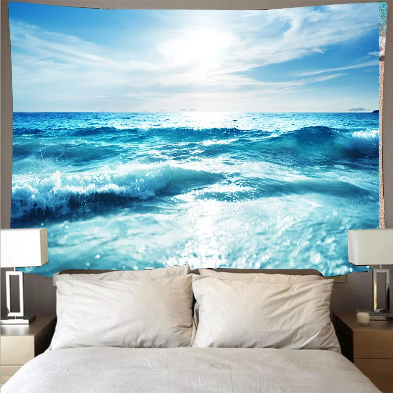 Blue Ocean Wave Tapestry Sunset Cloud Nature Art Wall Hanging Tapestries Wall Cloth Mat Background Blanket Bohemian Home Decor