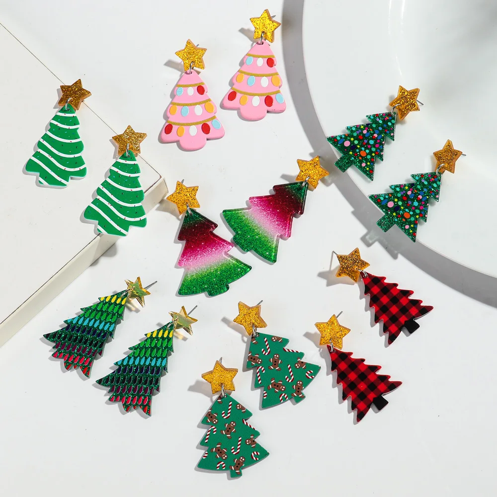 Christmas Day Acrylic Multiple Styles Star Glitter Christmas Tree Earring for Women Cute Cartoon Drop Earrings 2024 Jewelry