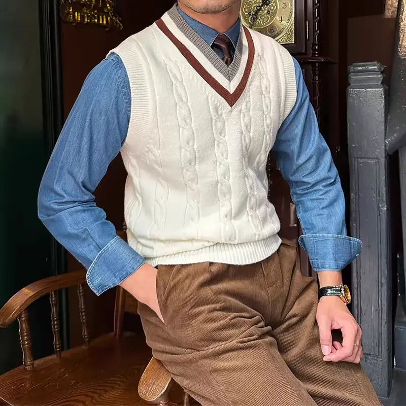 

Sweater Vest Men Thicken V-neck Sleeveless Knitted Sweaters Vests Striped Retro Preppy-style Simple Chic Loose Casual All-match