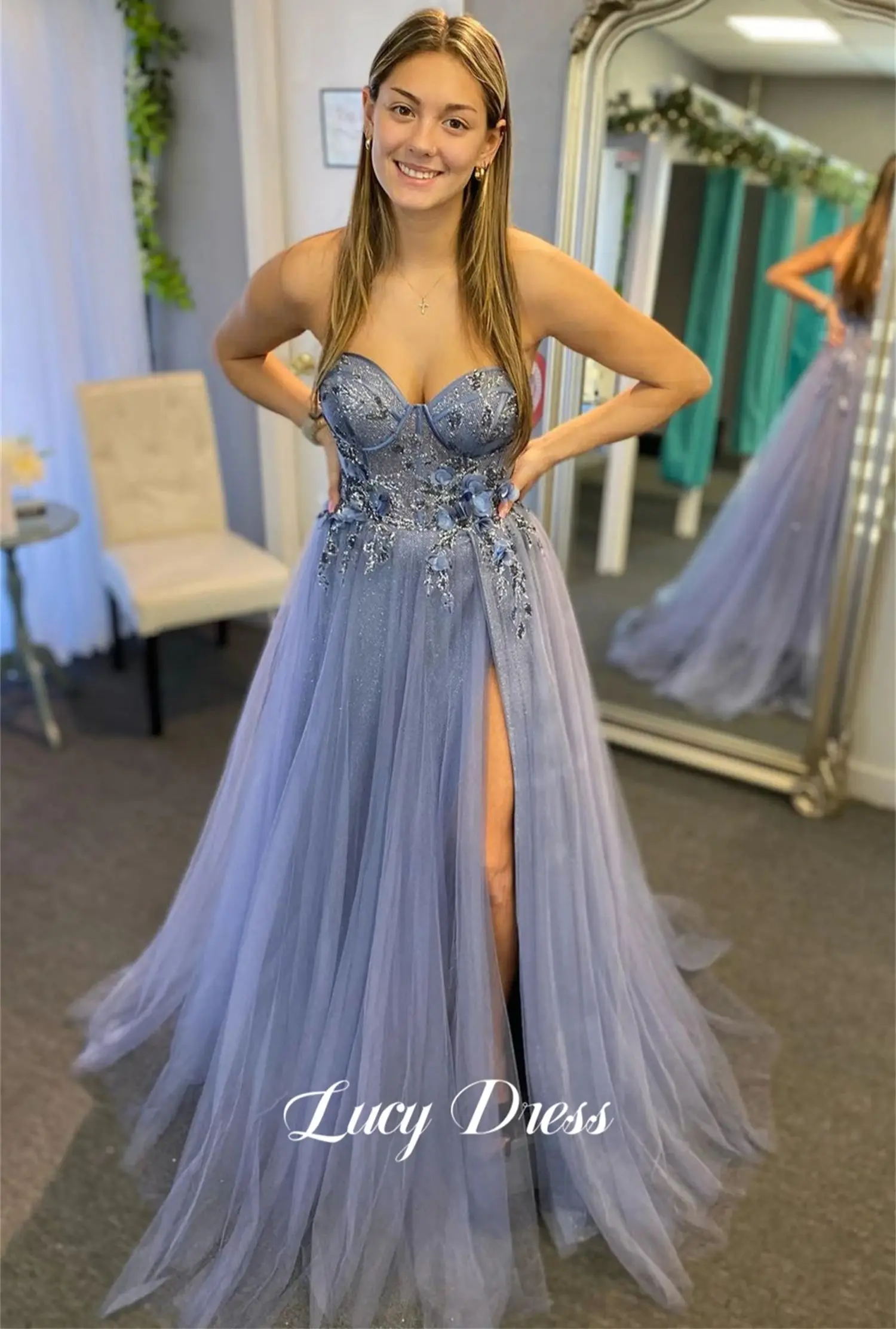 Lucy Shiny Strapless Ball Gown Mesh 3D Flower Decoration Graduation Evening Dresses Luxury 2024 Prom Gala Woman Gowns Customized