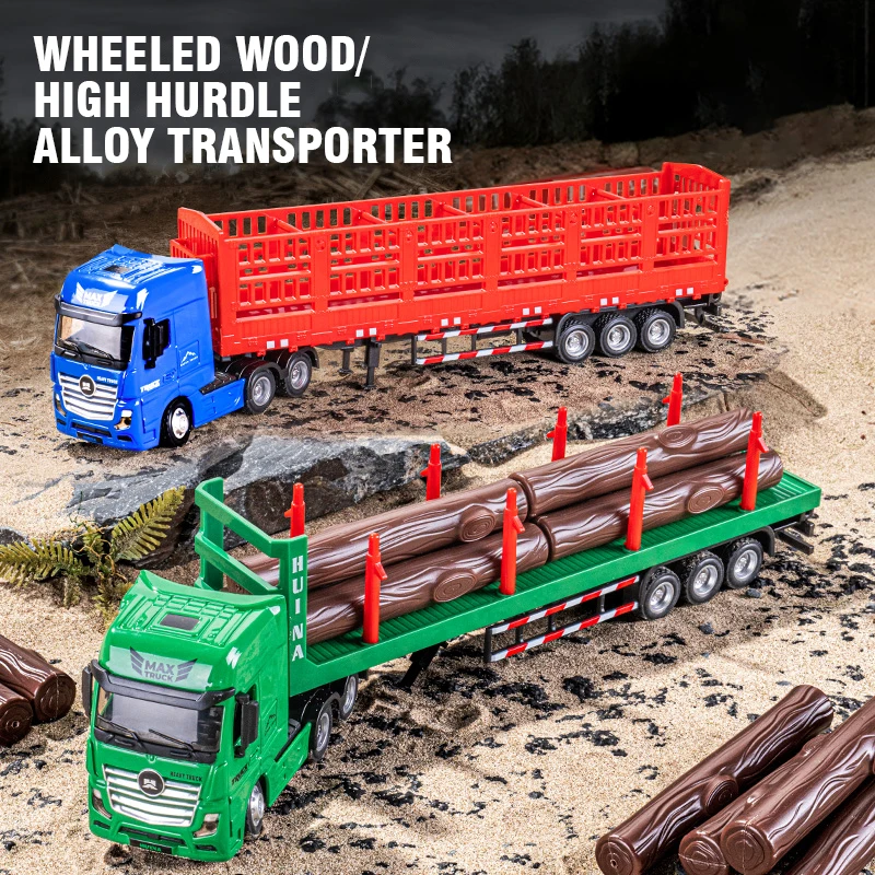 Huina Timber Truck Model Toy Engineering Vehicle 1/50 Simulation Semi-Alloy Trailer Static Model Toys for Boys Kids Xmas Gifts