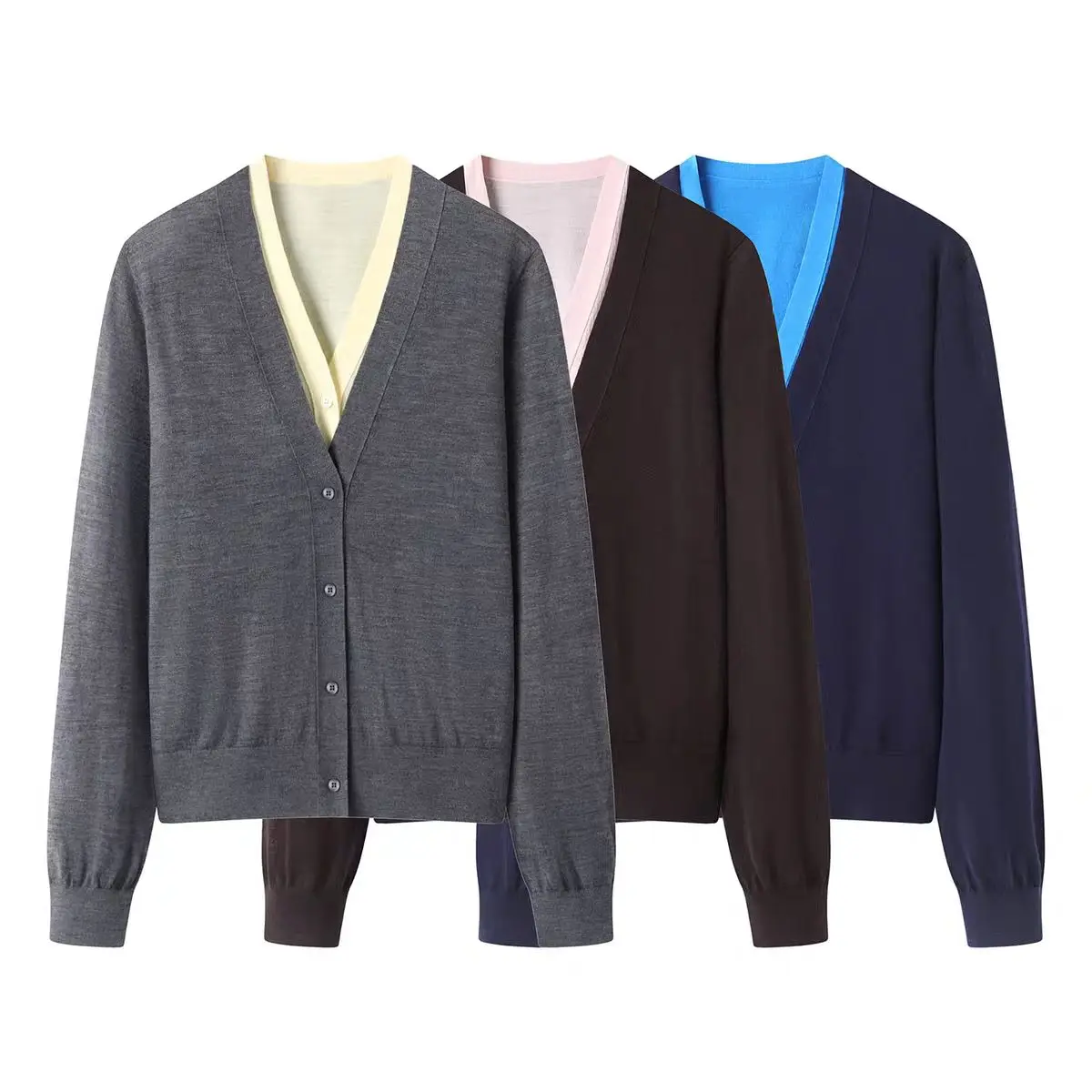 Merino 100% Wool Women's V-neck Cardigan Fake Two-piece Button Autumn Winter Casual Fashion Knitted Cashmere Sweater
