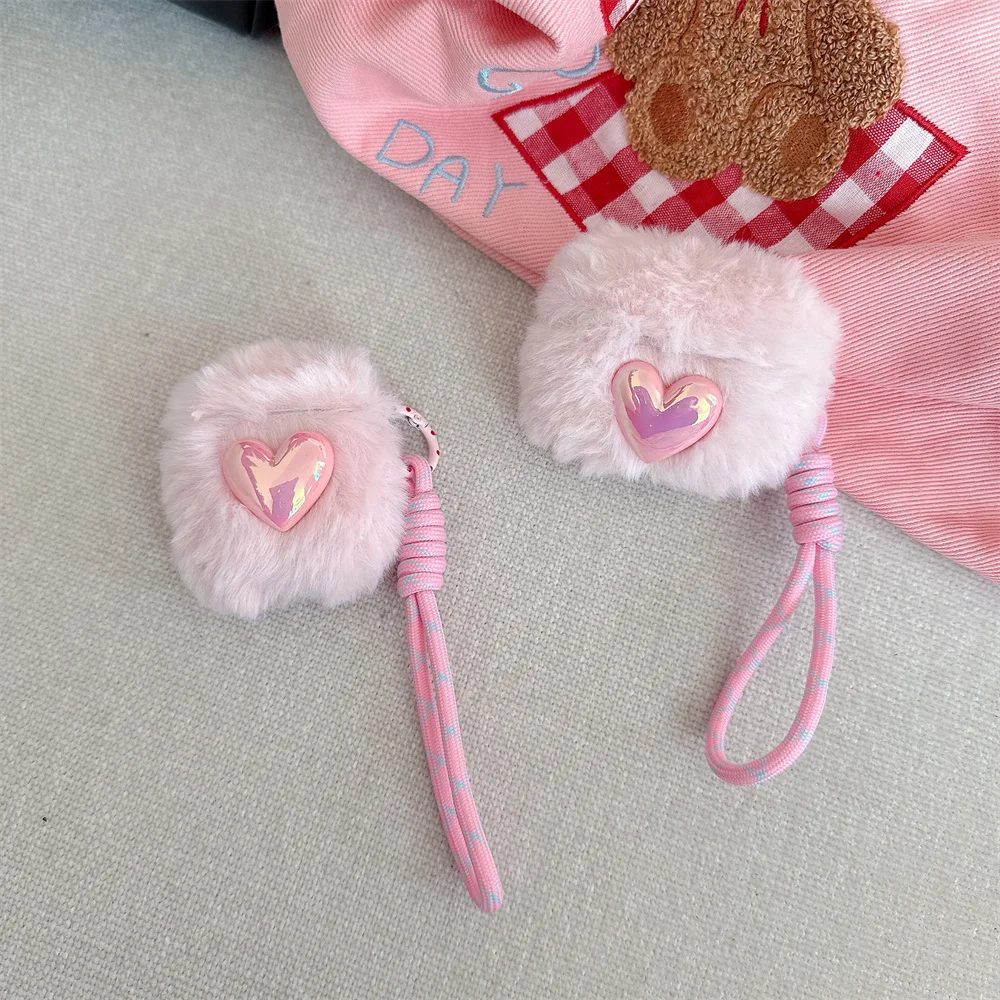 

Cute plush lovely headphone case suitable for Airpods 4 3 2 Pro 2 cover with chain pink headphone box protective cover For pro 4