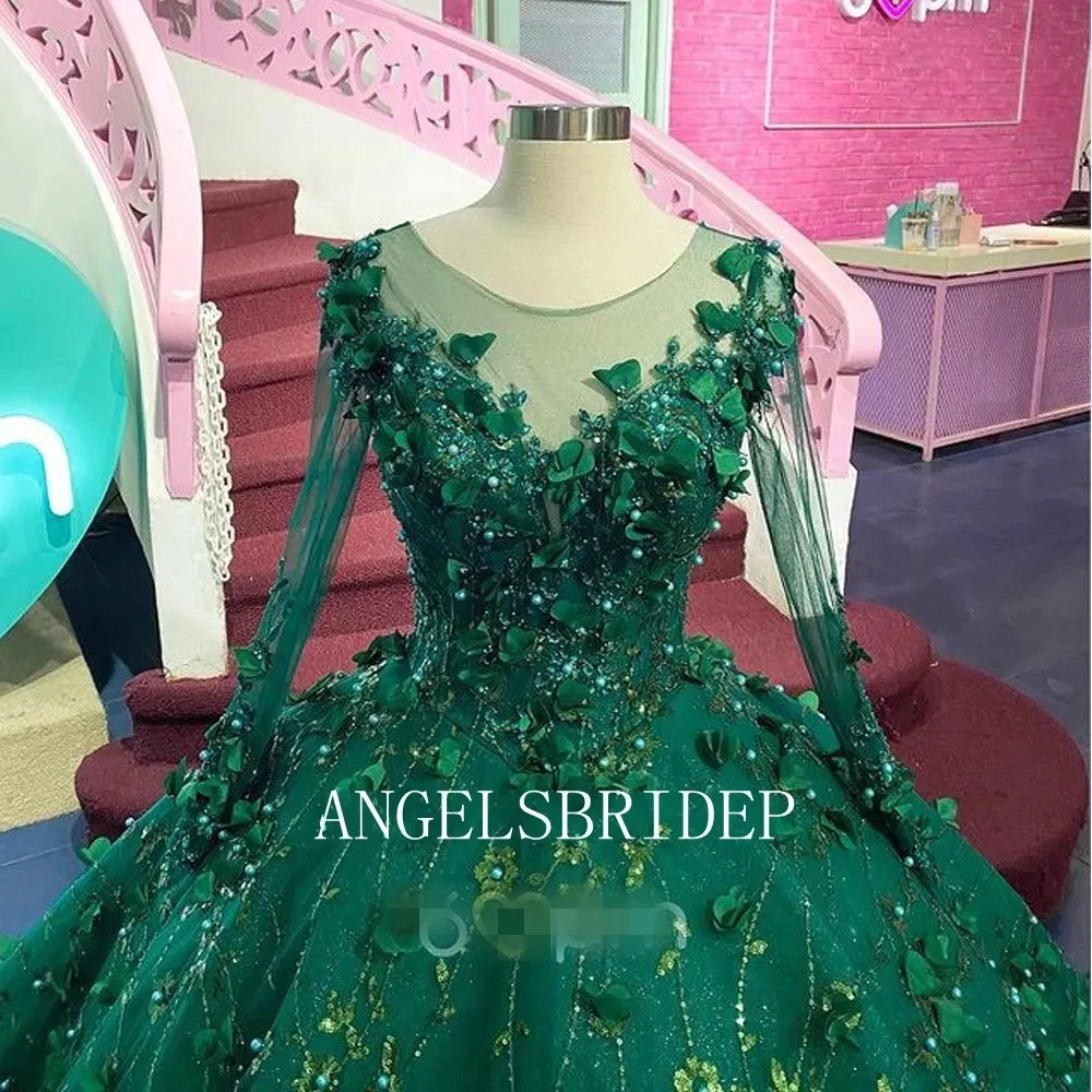 ANGELSBRIDEP Emerald สีเขียว Quinceanera ชุด 3D ดอกไม้ระยิบระยับประดับด้วยลูกปัดคริสตัลไข่มุก Vestidos De 15 Anos วันเกิด Party