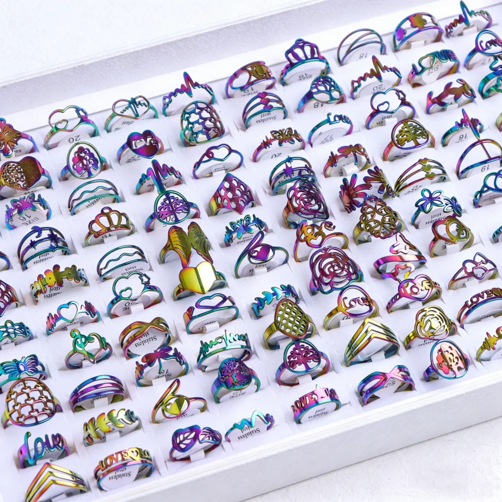 10/20/30/50Pcs/Lot Fashion Punk Hollowed Stainless Steel Rings Men Women Geometric Shapes Line Sense Daily Party Gifts jewliry