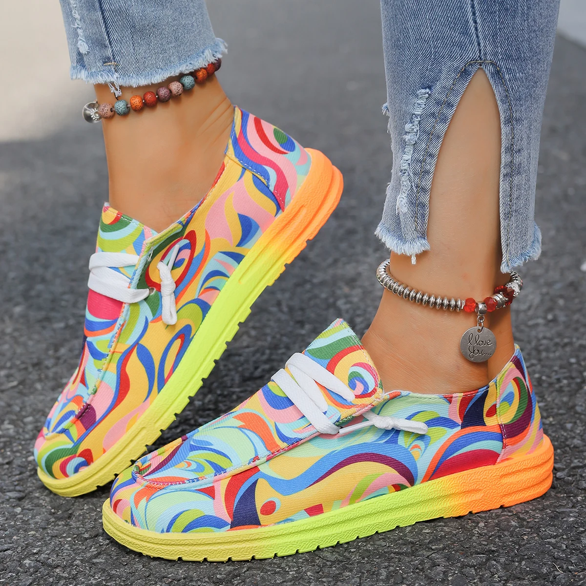 Women Flat Shoes Ethnic Rainbow Canvas Loafers Women Multi-Color Print Lace-up Sneakers Casual Daily Round Toe Shoes for Women