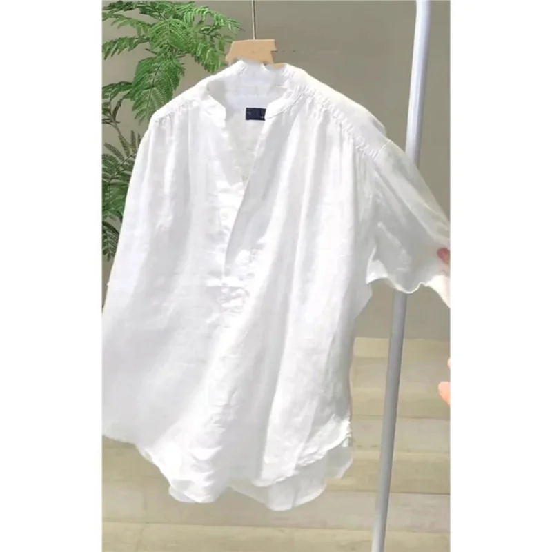 Ele branco algodão linho irt feminino verão solto plus size emagrecimento linho f gola aberta topo confortável respirável