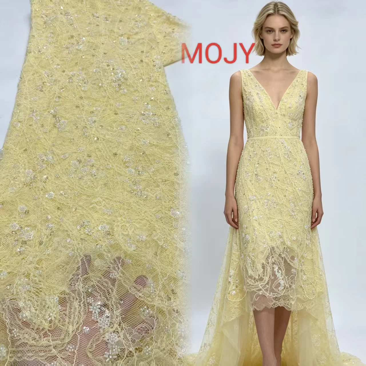 Cream Yellow Floral Beaded Lace Fabric, Silver Sequin Embroidered Tulle for African Wedding Gown Evening Party Dress