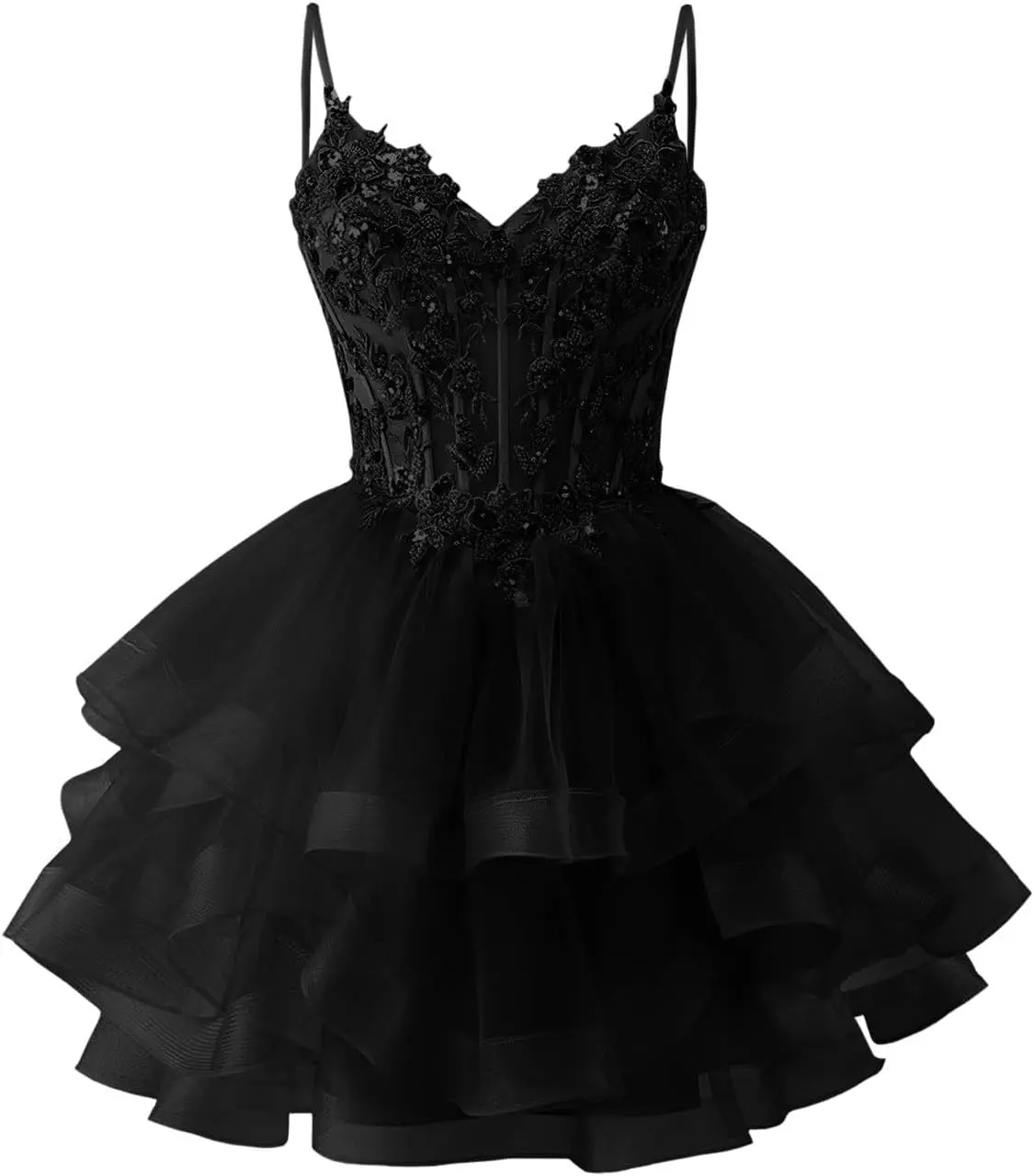 

Lace Applique Tulle Homecoming Dresses for Teens Spaghetti Straps Short Puffy Tiered Quinceanera Prom 2026 Graduation Dress