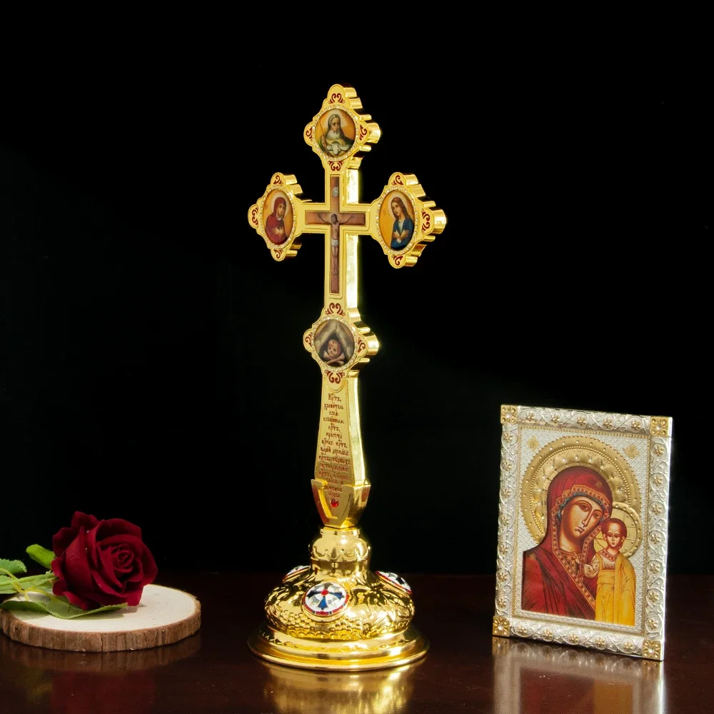 HTISOK Orthodoxes Kreuz mit Jesus-Kruzifix, Jungfrau-Maria- und Johannes-Die-Baptist-Ikonen, Edelstein-Intarsien, Hochwertiges religiöses Geschenk – Detail 4