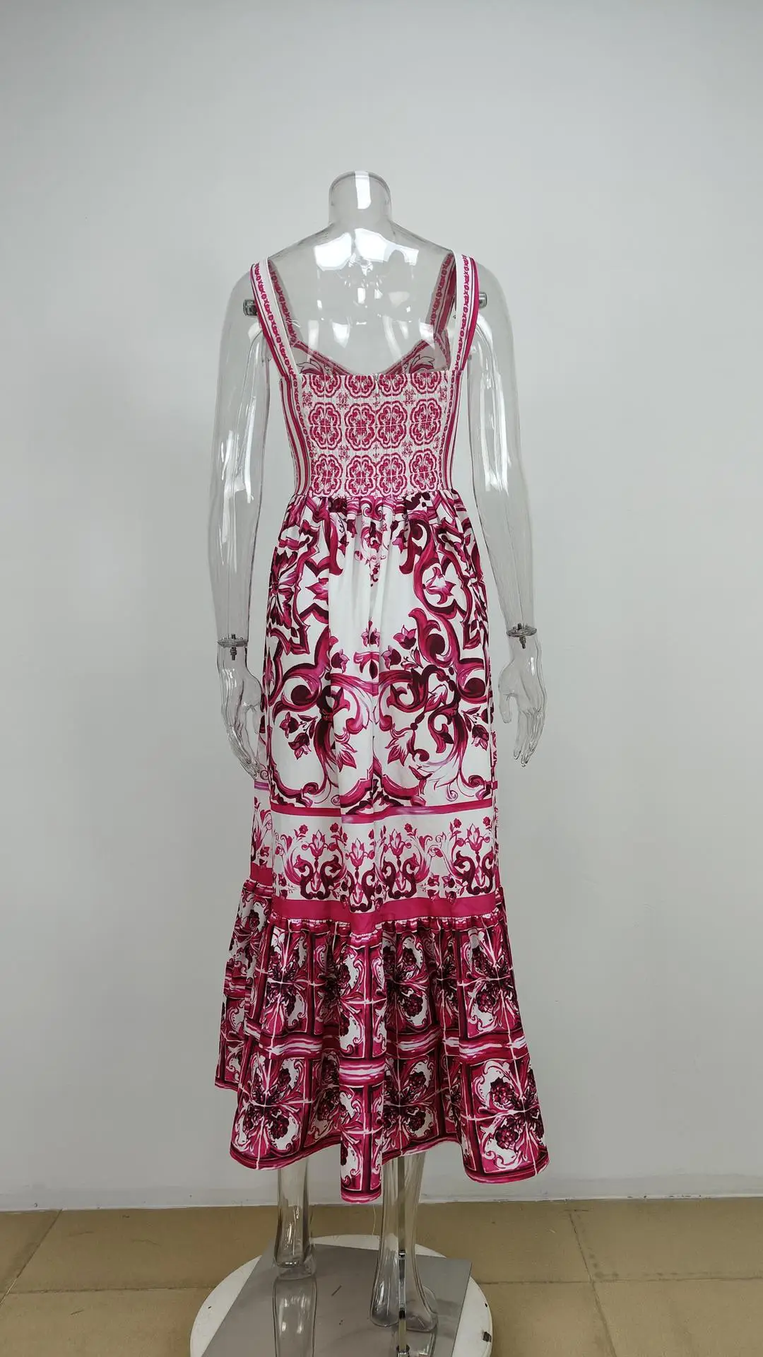 Open Back Spaghetti Straps Long Summer Print Dress Red
