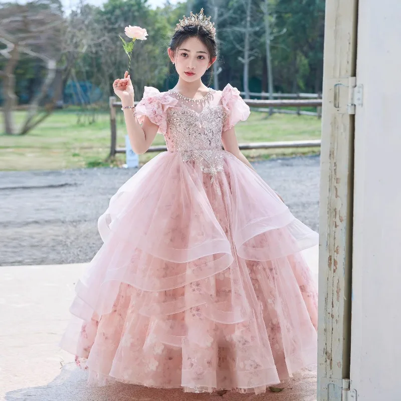 Summer Girls' Dress A Stunning Pink Princess Dress for A Birthday Girl Children's High-end Host Piano Performance Costume