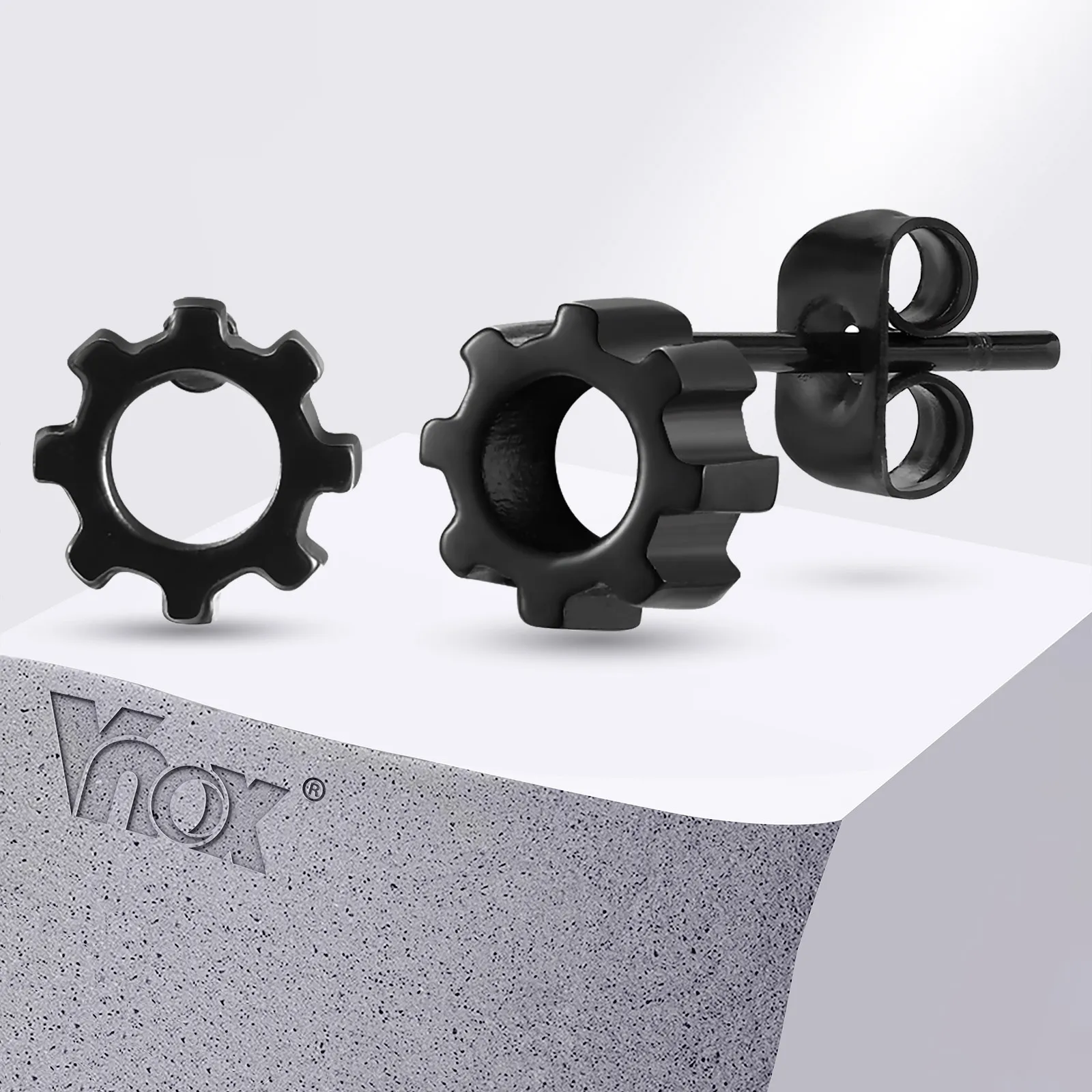 Vnox Mens Small Tiny Gear Stud Earrings, Black Silver Color Stainless Steel Mechanical Cogs Shaped Earings, Simple Metal Jewelry