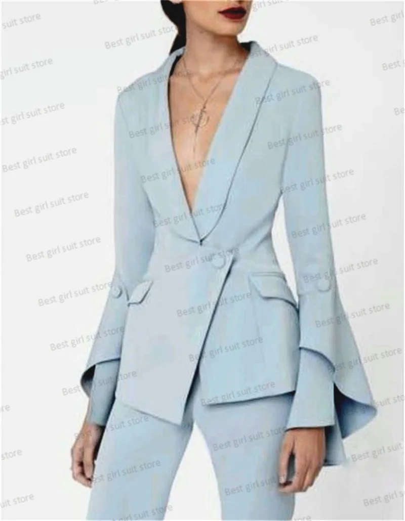 Light Blue Women Suit Set Blazer+Straight Pants 2 Pieces Prom Dress Flare Sleeves Party Jacket Coat Full Sleeves Tailored