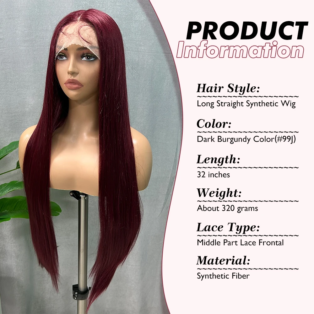 SOKU Burgundy Color 32 Inch Long Straight Middle Part Lace Hair Synthetic Lace Wigs with Pre Plucked Baby Hair for Women