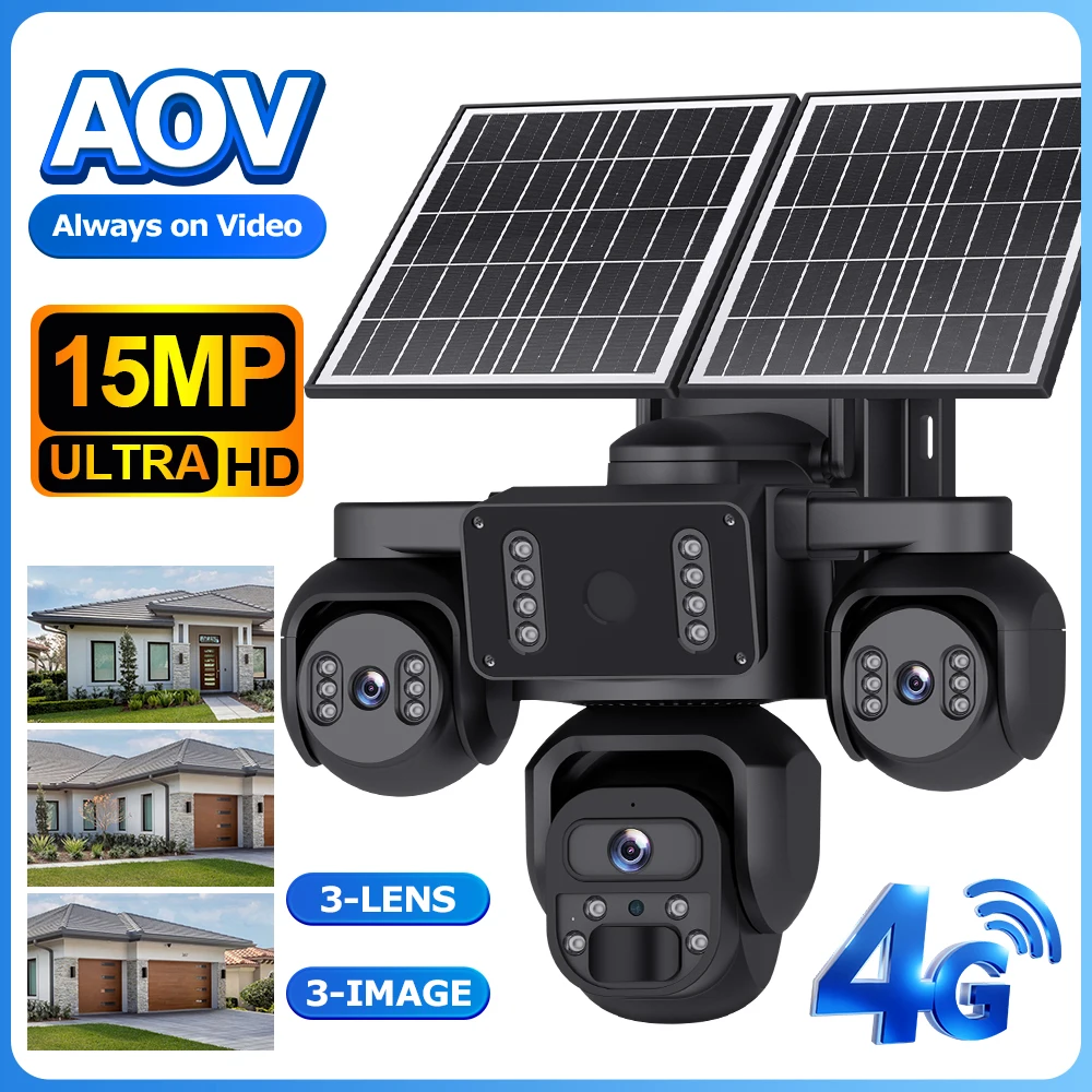

SECTEC 3-экрановые солнечные камеры видеонаблюдения AOV 4G с круглосуточной записью, уличные, с автоматическим отслеживанием, PTZ-камера 20 МП, солнечная панель 12 Вт, IP66