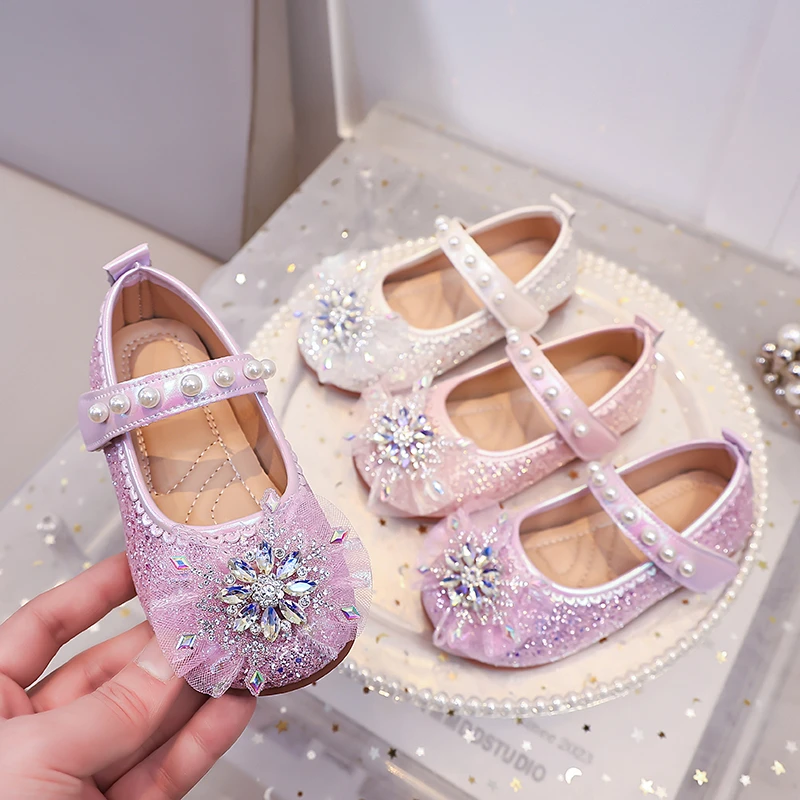 Mädchen Mary Jane Flache Schuhe Glitzer Prinzessinnen-Kleiderschuhe Tüll Strass Schneeflocken-Ornament, Perlen Ballett Hochzeit Mädchen Geburtstag – Detail 2