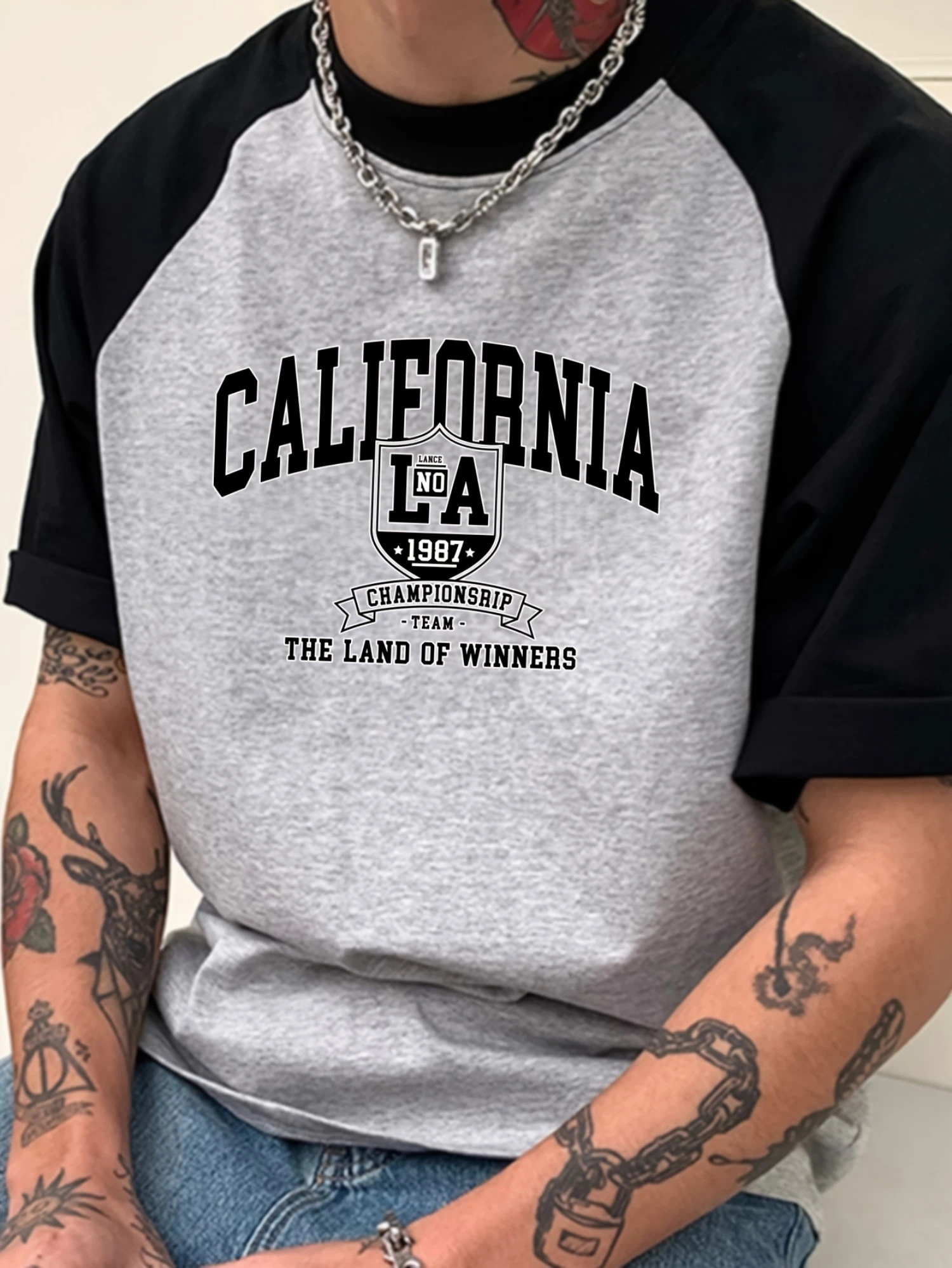 Men's Summer California LA 1987 Letter Print Crew Neck Short Sleeve T‑shirt Loose Retro Varsity Streetwear Casual Tops