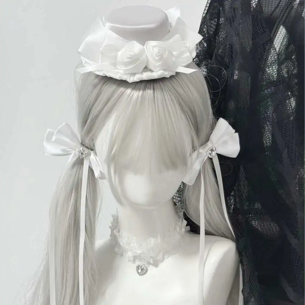 

Lolita Harajuku Y2K Girl Gothic Headwear White Rose Small Hat Hairpins White JK Bow Hair Clip Accessories
