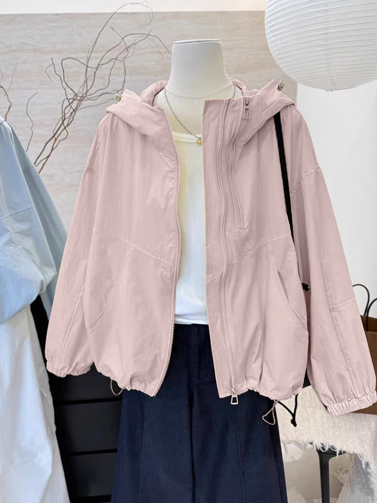 

Double Layered Thin Outdoor Jacket Cap Sunscreen Clothing Adjustable Drawstring Loose Fit Fashionable Commuting Style Long Sl...