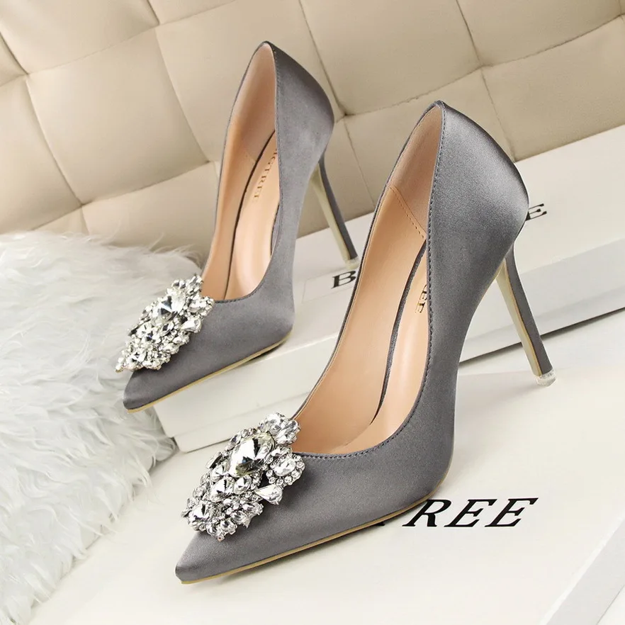 

Women Pumps Single Korean Version Women's Thin With Sexy Slimming Shallow Mouthed Pointed Shiny Rhinestone Buckle High Heels Sho