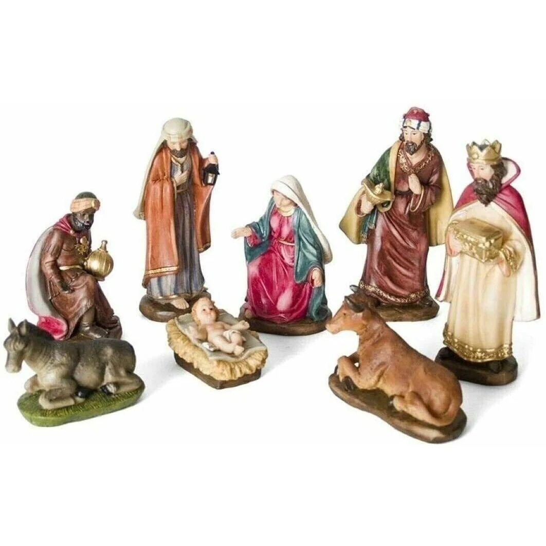 Figuras Nacimiento 8 Piezas 12 cm Resina Para Decoración de Navidad, Belén, José, María, niño Jesús, 3 reye Magos, burros, vaca.