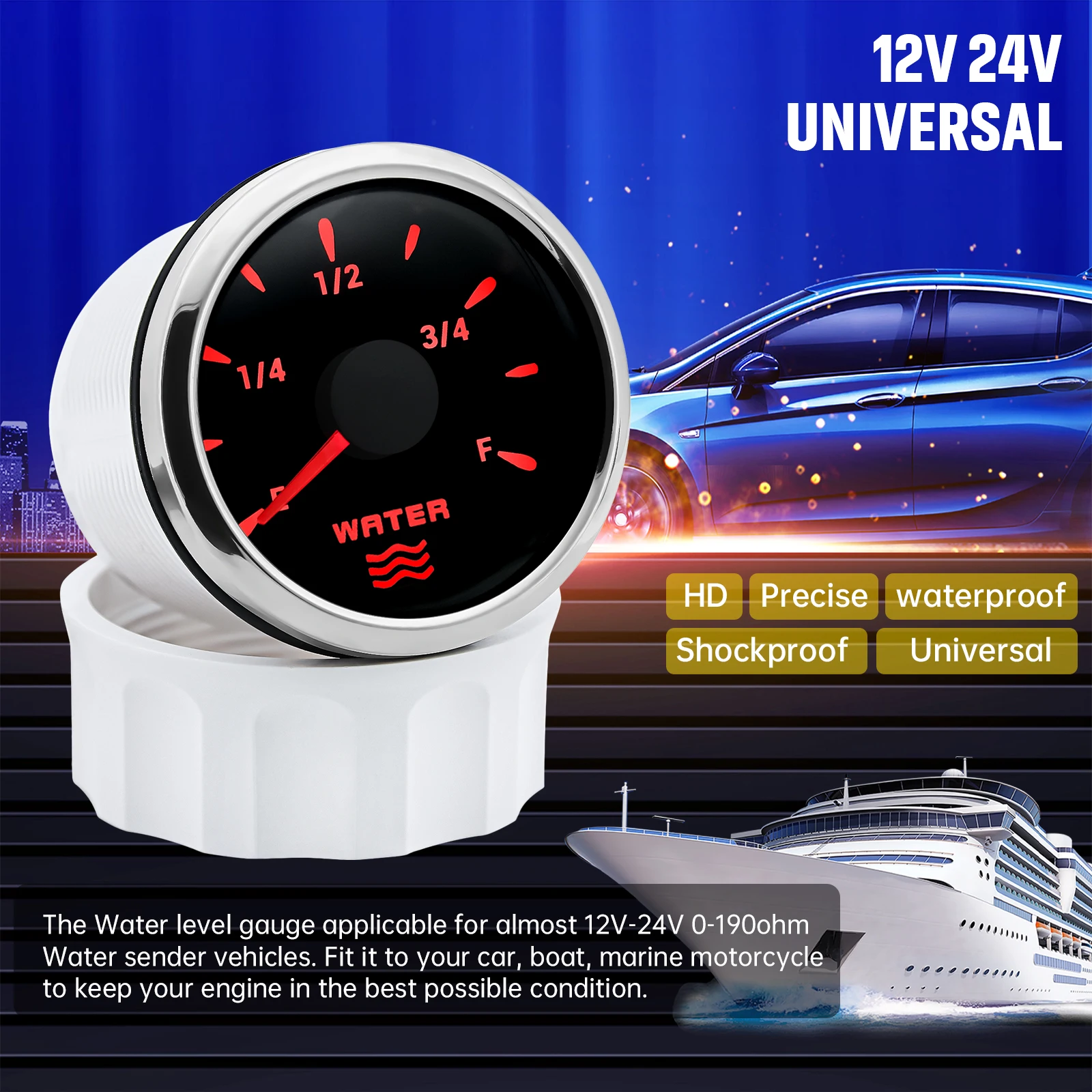 0-190ohm Water Level Gauge 52mm with 7 Color Backlight and 100mm-500mm Water Level Indicator Fit for Car Boat Marine 12V 24V