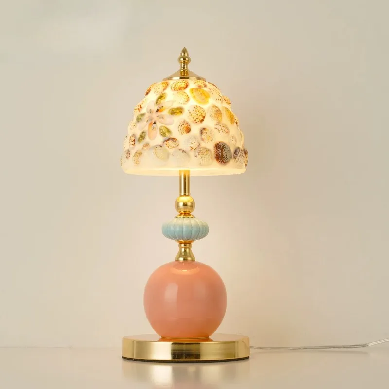 Italy Pastoral Conch Inlaid Glass Table Lamp Pink Ceramic Vintage Bedside Night Light Bedroom Living Room Designer Decor Fixture
