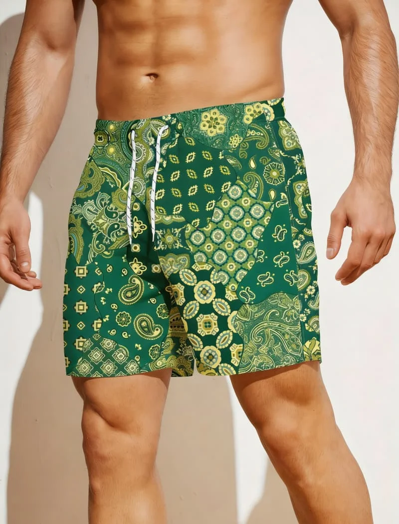 

Men's Fashionable Vintage Print Beach Shorts - Ethnic Floral Checker Geometric Print Casual Shorts For Holiday And Water Sports