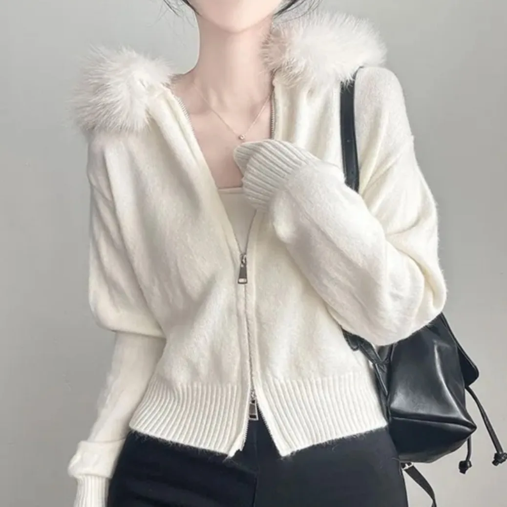 Chic autunno inverno lavorato a maglia lungo Sve cappotto con cerniera con cappuccio da donna Faion coreano Sle taglio dritto top di piccole dimensioni