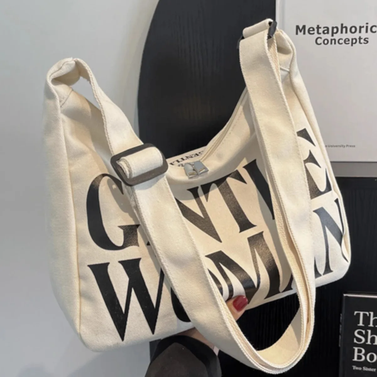 Gentle Woman Letter Canvas Bag, Trendy Versatile Large Capacity Commuting Shoulder Crossbody Bag, Casual Daily & Chic Outings