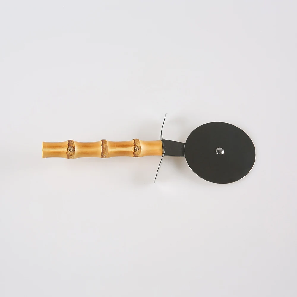 Kitchen Baking Tool Stainless Steel Natural Bamboo Root Wooden Handle Dessert Pies Cheese Bread Roller Slicer Pizza Wheel Cutter