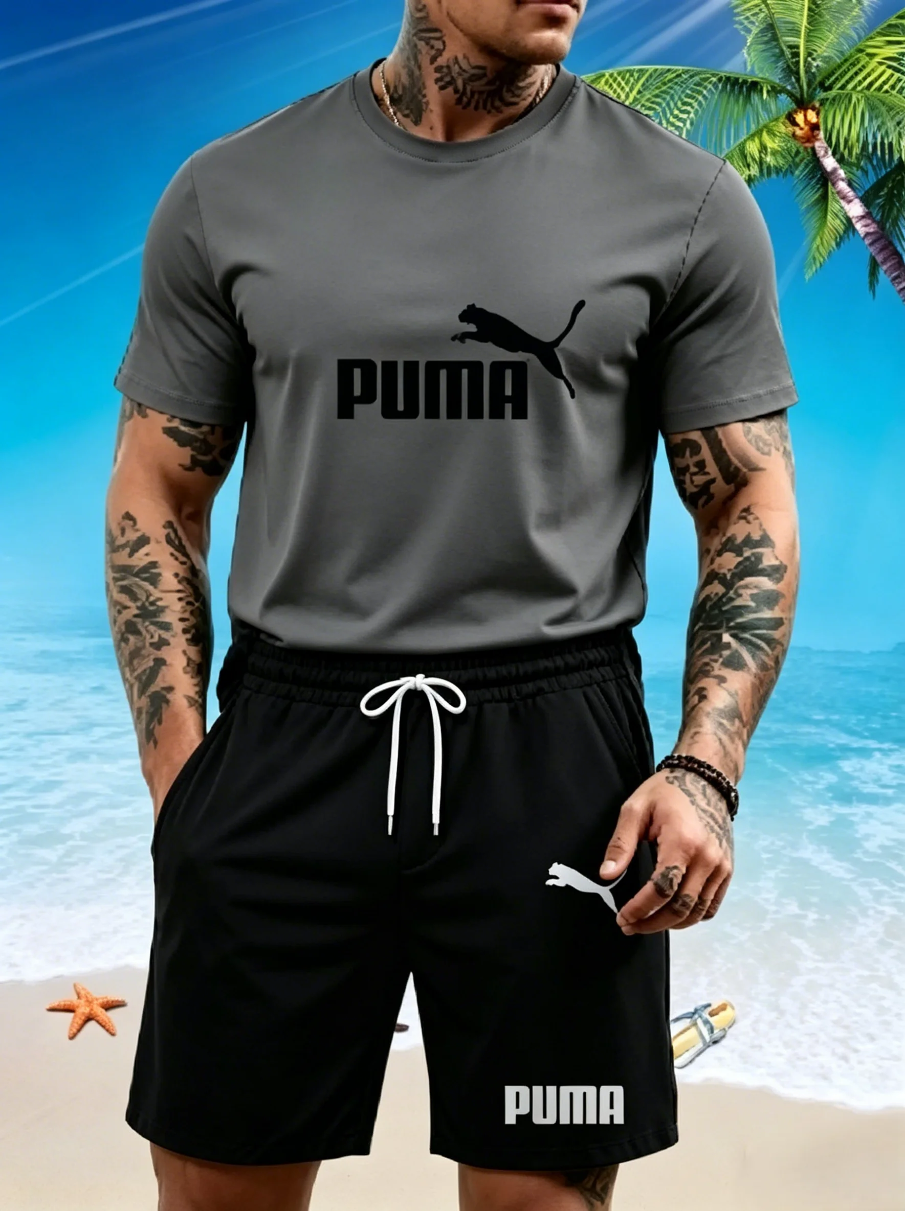 Men's quick-drying running T-shirt pants set, with a round neckline and elastic fabric. Suitable for both sports and casual wear view 4