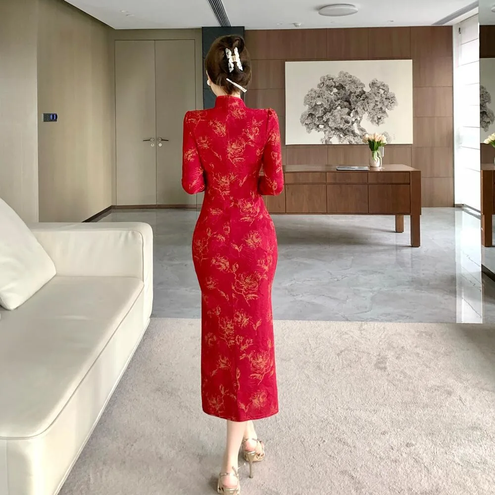 فستان Ele Red Reformed Ultra Slim Fit Vintage Sle Long Sve Dr للشابات بطبعة زهور صينية