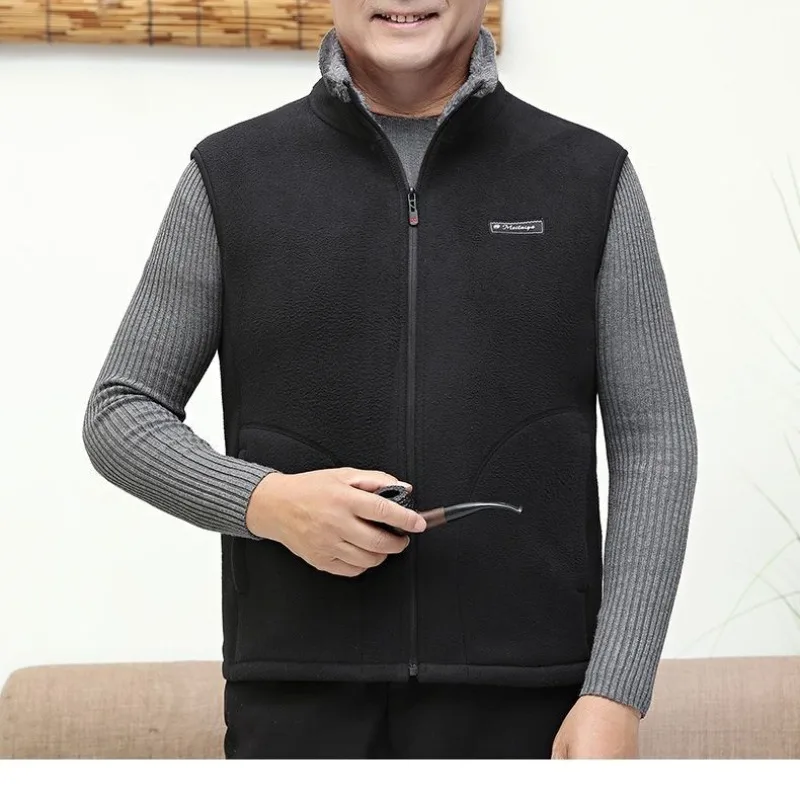 Men's Solid Autumn Winter Turtleneck Letter Pockets Flocked Sleeveless Zipper Cardigan Coats Vests Fashion Casual Vintage Tops
