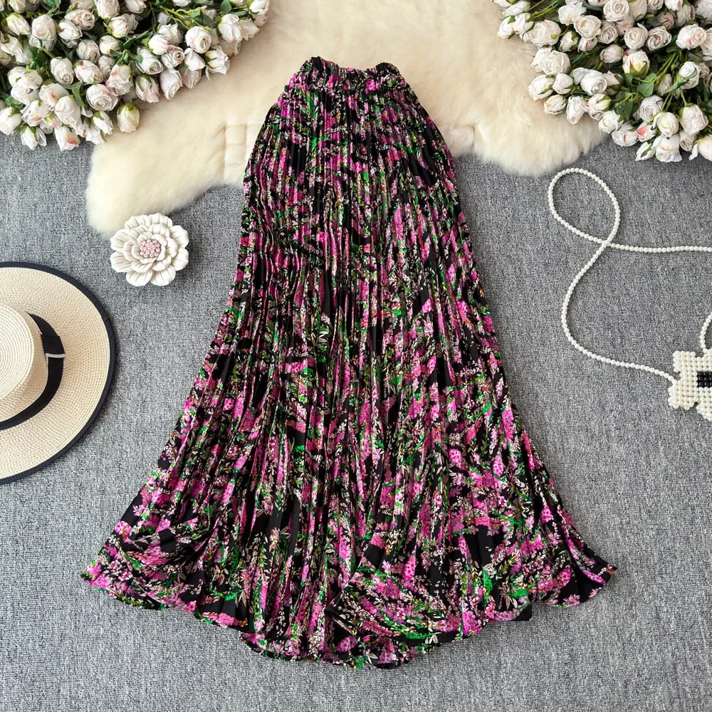

Basics Vintage Chiffon Elegant High Waist Chic Pleated Print Slim A-line Skirt French Streetwear High Street Autumn Clothing