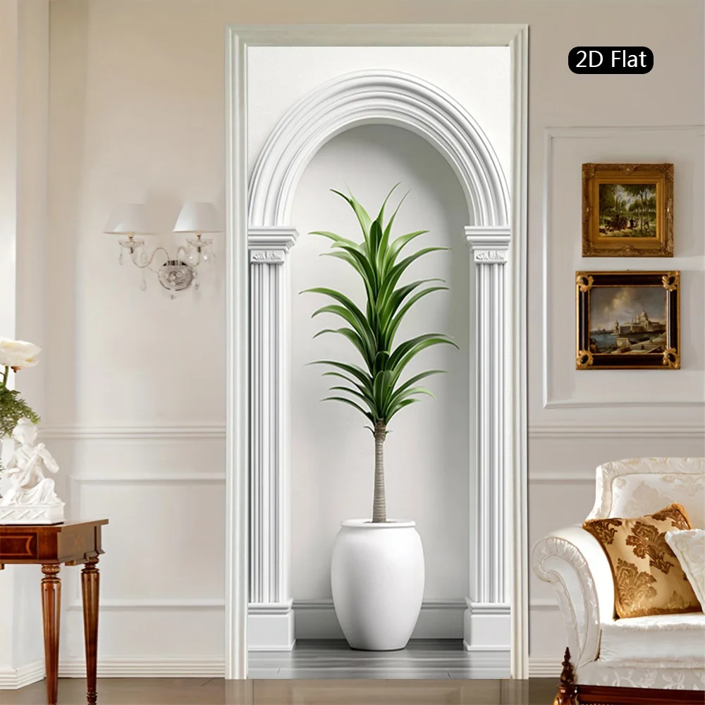 1 Pair of 2D Classical Arch Design Self-Adhesive Wall Stickers, Including White Spherical Flower Pot Stickers and Green Plants,