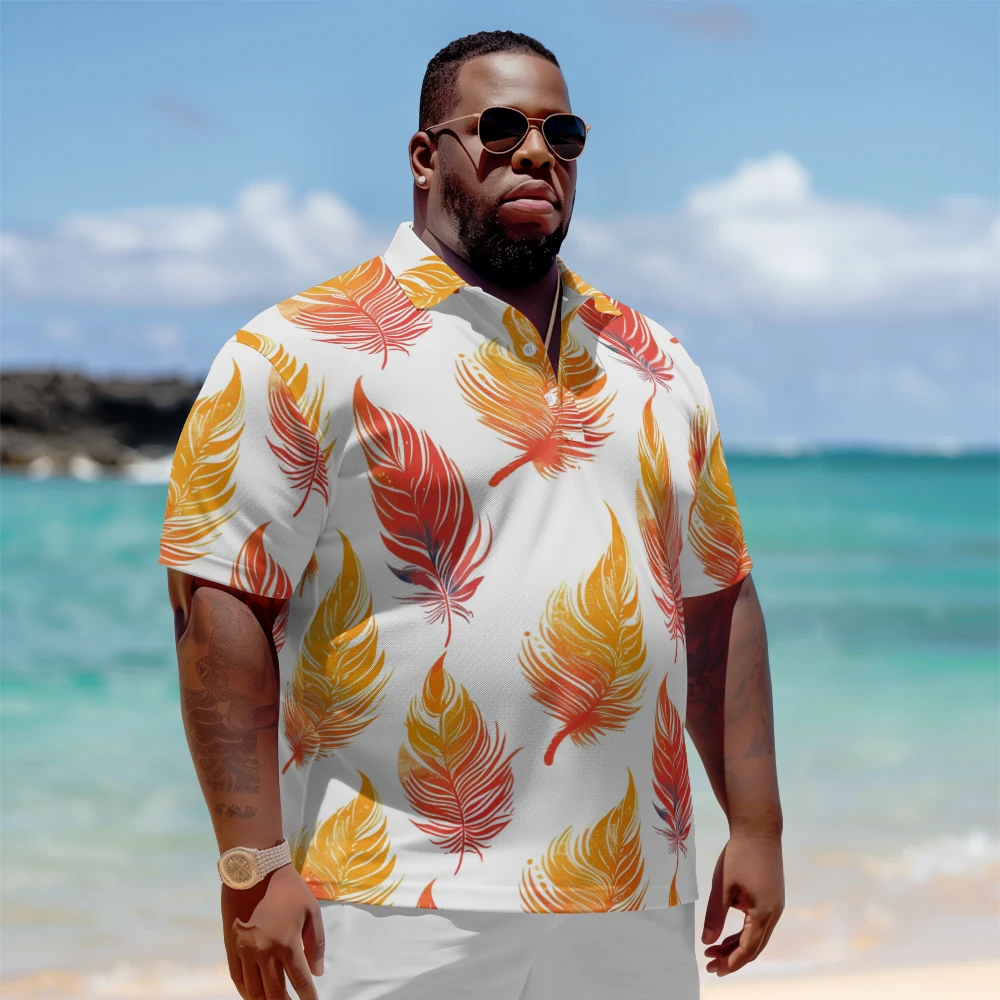 

1 men's plus size polo shirt with summer yellow orange maple leaf print casual lapel button suitable for shopping and golf