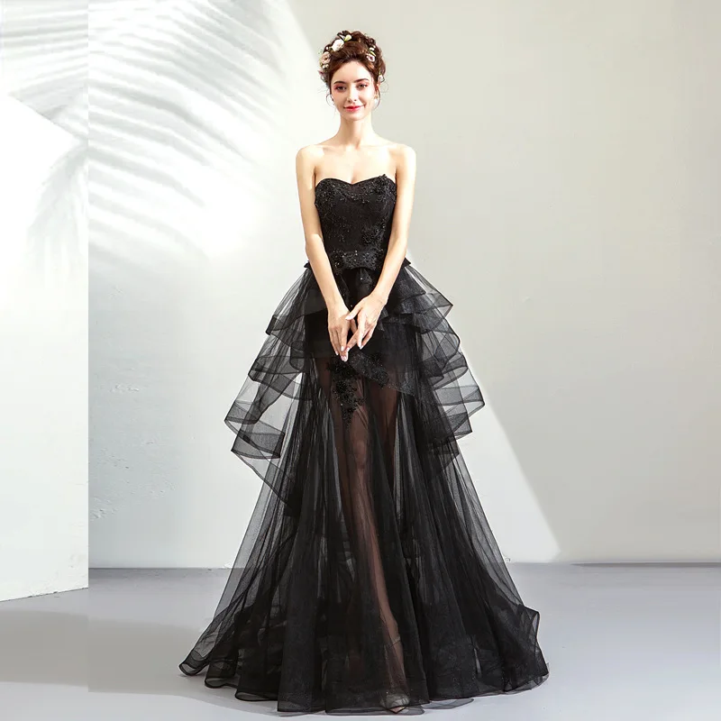 

Glitter Black A-line Prom Dress Shiny Lace Evening Dress Sheer Tulle Asymmetric Ruffle Sweetheart Sexy Floor Lenght Party Dress