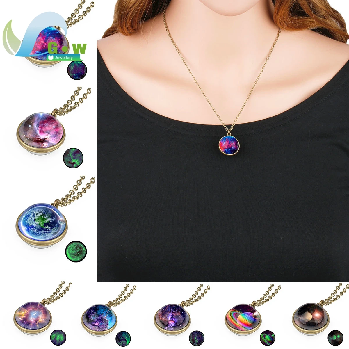 Solar System Universe Space Two-sided Glass Ball Pendant Necklace For Women Men Luminous Moon Sun Earth Planet Necklace Jewelry