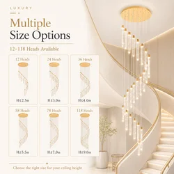 Luxury Gold Spiral Staircase Chandelier LED Pendant Light for Duplex Villa Loft High Ceilingating High Staircase Long Chandelier